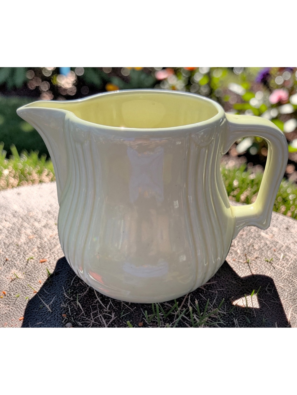 Vintage Light Yellow Ribbed Pottery Pitcher DG Marked Cottage Farmhouse